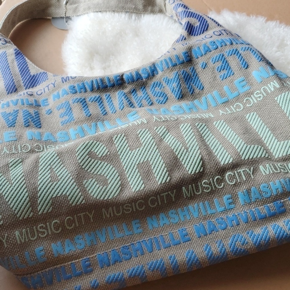 NASHVILLE tote  Robin Ruth tan blue green  w/ Zipper Souvenir Scrabble Poshfest - Picture 4 of 8